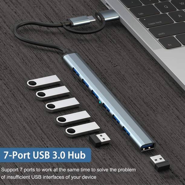 Extremus ™ 7 USB Hub (7-in-1), Multiport Adapter with Dual Convertible USB & Type C Heads Transfer Speed, 1 x USB 3.0 & 6 x USB 2.0 Ports for Laptop, MacBook, PC USB C To HDTV HDMI TF SD Card USB 3.0 Multipurpose Device