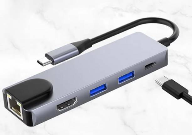 THE MOBILE POINT 5-In-1 Type C, RJ 45 Port, 5GBPS Data Transfer, HDMI Port Transfer Compatible with Type-C Laptops, Tablets & Smartphones HDMI Connector, USB Hub, USB LAN Card
