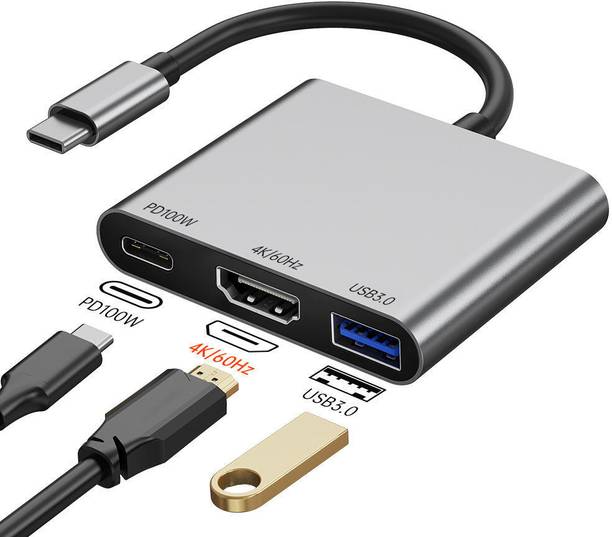 Foxne Point Multiport Type C Adapter USB 3.0 Smart Type C Hubs 3 Port 1 Type C Hub Splitter Adapter USB HUB 4K HDMI Connector, Laptop Accessory, USB Hub
