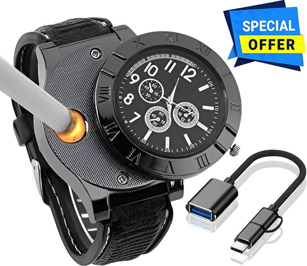 Foxne Point Cigarette Lighter Rechargeable With Mini OTG 2 in 1 USB Cable Micro USB Type C Cigarette Lighter Watch, USB Rechargeable Sporty Wristwatch Cigarette Lighter, USB Hub