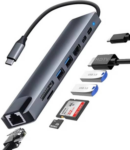 THE MOBILE POINT USB-C to HDMI 8 in 1 USB-C Hub Dock - 4K HDMI with HDCP, 100 mbps Ethernet, Transfer Compatible with Type-C laptops, Tablets & Smartphones Laptop Accessory, USB LAN Card, HDMI Connector