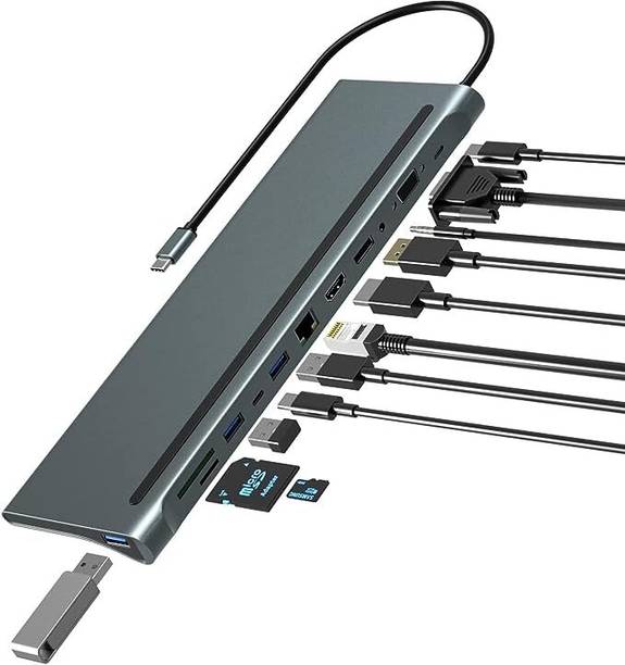 RuhZa 12 in 1 USB c hub 12 Port Docking Station Aluminium Type C Station 1* HDMI Port, 1 3.5mm Audio, USB-C Power Delivery, TF/SD Slot and USB C Data Port. USB Hub