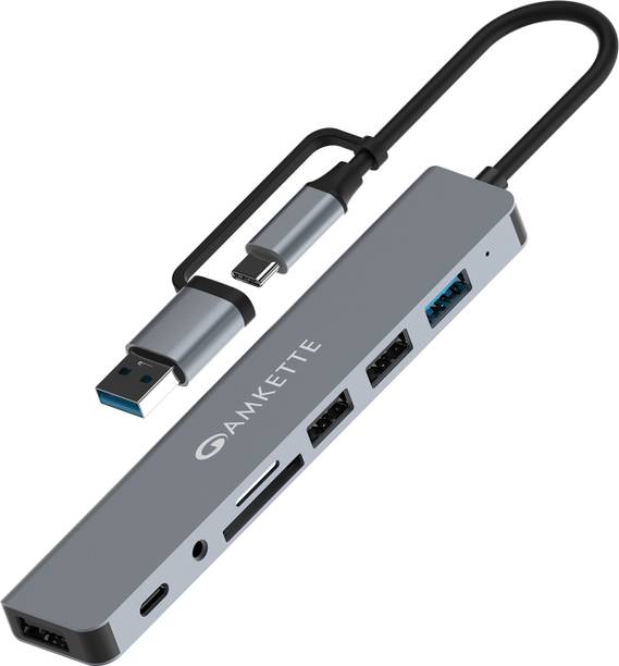 AMKETTE 8-in-1 Plus (A+C) USB Type C Hub with USB 3.0, SD/TF Card Reader, 3.5mm Audio Jack, External HDD Support, Compatible with Windows, macOS & Linux USB Hub