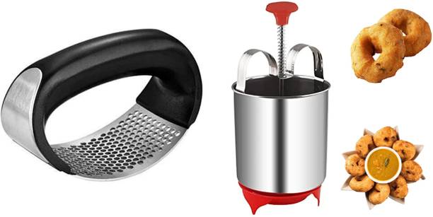 DHARMISHO Stainless Steel Garlic Presser & 04 Grade Steel Medu Vada Maker with Stand Vada Maker