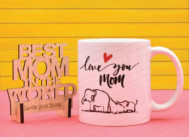 THE CLICK INDIA "LOVE YOU MOM "Mug With Wooden Showpiece Gift For Mom|Mother|Maa For Mothers Day Ceramic, Wooden Gift Box
