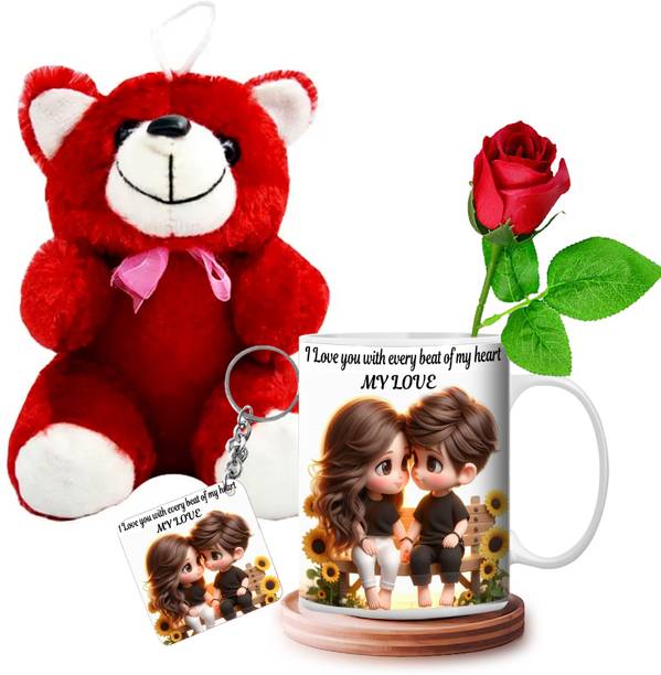 GiftWeb Artificial Flower, Mug, Key Ring, Soft Toy Gift Set