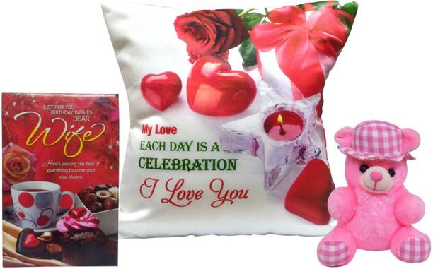 Saugat Traders Cushion, Greeting Card, Soft Toy Gift Set