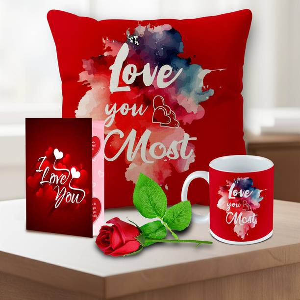 DealBoxx Artificial Flower, Greeting Card, Cushion, Mug Gift Set