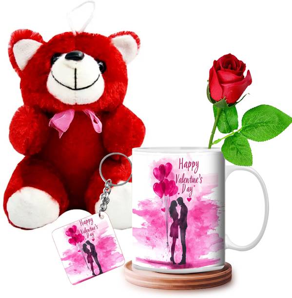 GiftWeb Artificial Flower, Mug, Key Ring, Soft Toy Gift Set