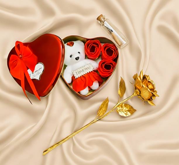 LoveGift Golden Rose with Heart Gift Box & Message Pills Set | Valentine Day Gift Gold Rose Artificial Flower