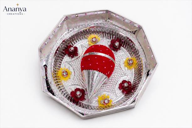 ANANYA CREATIONS LED Decorative Pooja Thali for Karwa Chauth, Wedding & Festive Decor Paper, Plastic, Silver Plated