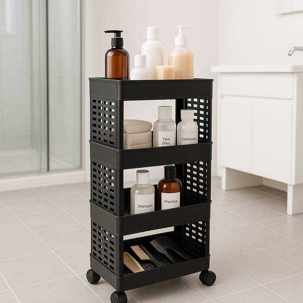 Surety for Safety Bathroom shelves Plastic Trolley for Multi Purpose With 4 Layers Plastic Kitchen Cabinet