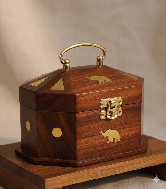 PURCHAZE24X7 Hand-Carved Wood jewellery Box With Brass Work Vanity Box Vanity Essentials, Jewelry & Accessories, Daily Valet Vanity Box