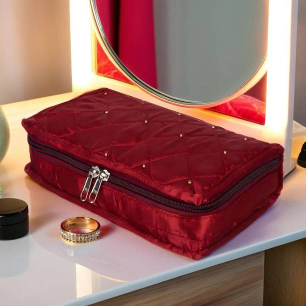 HOMESTIC Premium Satin Jewellery Pouch Kit|4 Flaps with 2 Extra Pockets|Maroon Jewellery Kit Vanity Box
