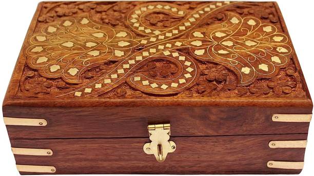 ITOS365 Jewellery Box for Women Wooden Brass Work Flower Carved Design Handmade Gift 8 To store make up beauty products Vanity Box