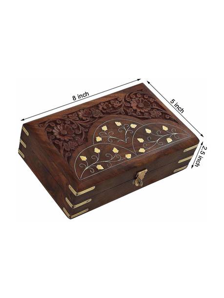 WOODINO Size (8x5 Inch) Brass and Carving Sheesham Floral Design Makeup and Jewellery Vanity Box