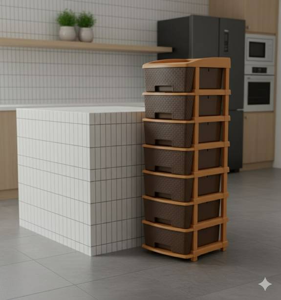 MAXTID 7 Layer Brown Nakoda Plastic Storage Tower Cabinet Plastic Kitchen Trolley