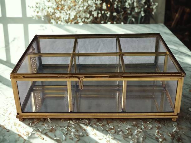 GOODMARK PRODUCTS : The Mark of Excellence Vintage Glass Display Box with Gold Frame, 6 Compartment Jewelry Organizer Jewelry Collectors, Women Vanity Box