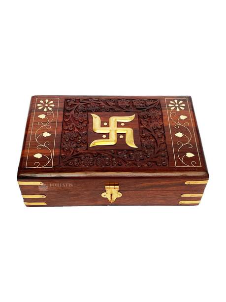 FORESTIS GALLINARIA Wooden Swastik Box (8x5, Tombs) Jewellery Box, Money Box, Cash Box, Good Luck Box Vanity Box