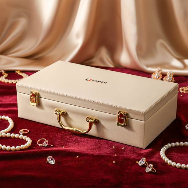 HOMESTIC 5 Rod Premium Faux Leather Bangles Box with Handle | Beige Makeup and Jewellery Vanity Box