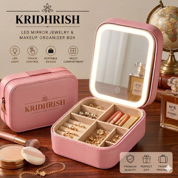 kridhrish Small Travel LED Makeup Mirror Case with 3 Adjustable Color Light Settings Portable LED Makeup Bag Vanity Box