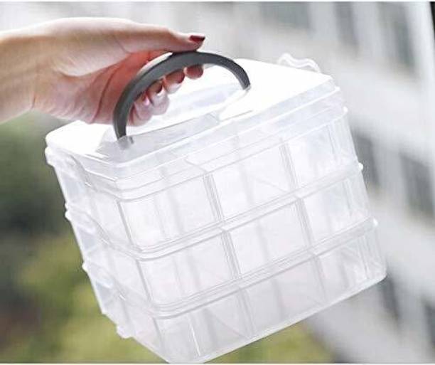 XYJIQS 3 Layers 18 Grid Plastic Transparent Jewelry Storage Box Portable Jewelry Box Accessories for Earrings Ring mekeup, Jewelry Vanity Box (White) mekeup, Jewelry Vanity Box