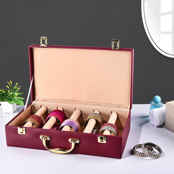 KUBER INDUSTRIES 5 Rod Premium Faux Leather Bangles Box with Handle | Maroon Jewellery Vanity Box