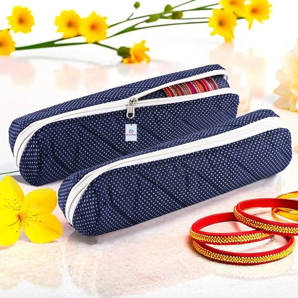 Heart Home Pack of 2 Polka Dots Single-Rod Bangles Organisers Storage Box | Blue Bangles Pouch Vanity Box