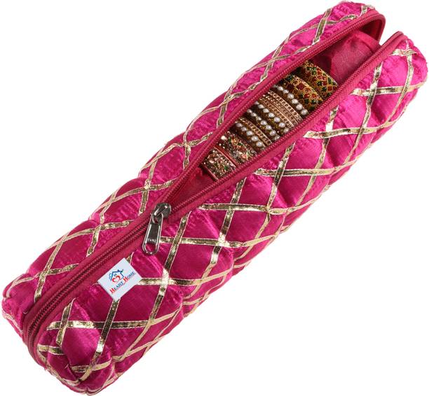 Heart Home Polyester Gota Check Design Single Rod Bangle Box For Travel|Pink Bangle Box Vanity Box