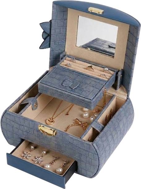 FlyKonix Premium Multi-Layer Jewelry Storage Box with Mirror & Lock | Portable Organizer Case for Rings, Earrings, Necklaces, Bracelets & Accessories 