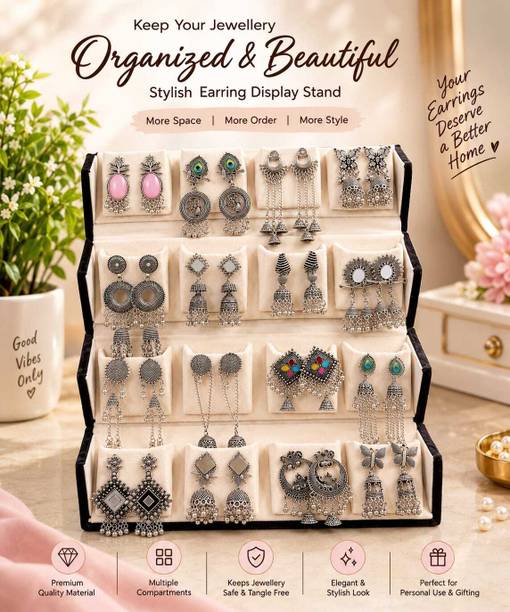Aurav Oxidized Silver Jhumka Earrings Organizer Set | 16 Pair Antique Silver Jewellery Foldable Jhumka Earning Organizer, (Jewellery Included) Vanity Box