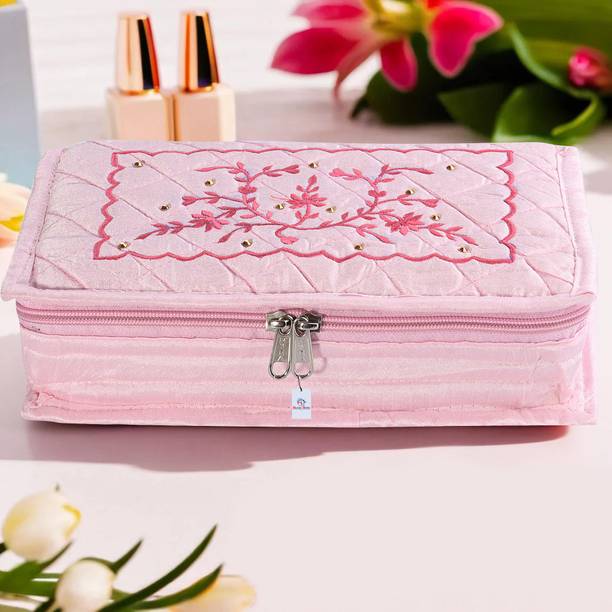 Heart Home 7-Compartments Embroidery Jewellery Organizer For Women | Light Pink Jewellery Kit Vanity Box