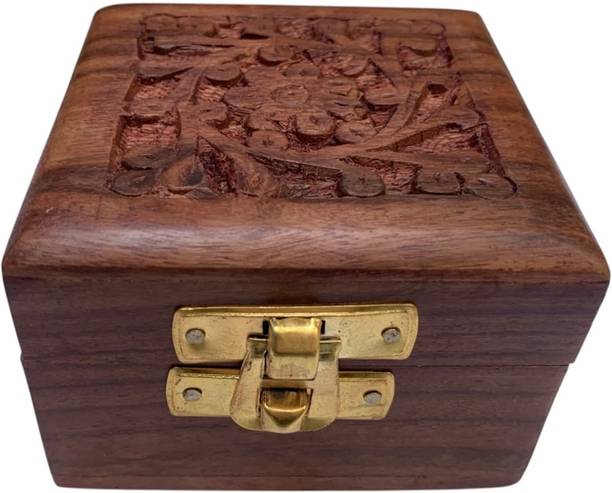 PineLife Premium Wooden Square Jewellery Box || 3” x 3” Inches || Floral Carved Jewellery Box Vanity Box