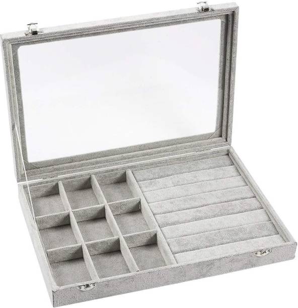 KriShyam Women's 2 in 1 Fabric Lid Jewellery Box Organizer with Lock Storage Packaging (Grey, 9 Rows Earring Ring Case 9 Grid) jewellery Vanity Box