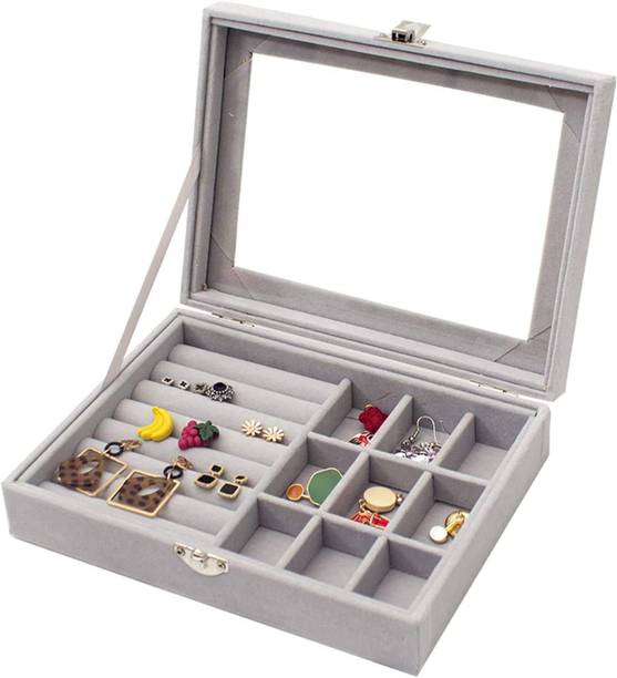 JOVINENTERPRISE velvet jewellery box54@ Ring Storage, Velvet Lining, Glass Lid, Multiple Compartments Vanity Box