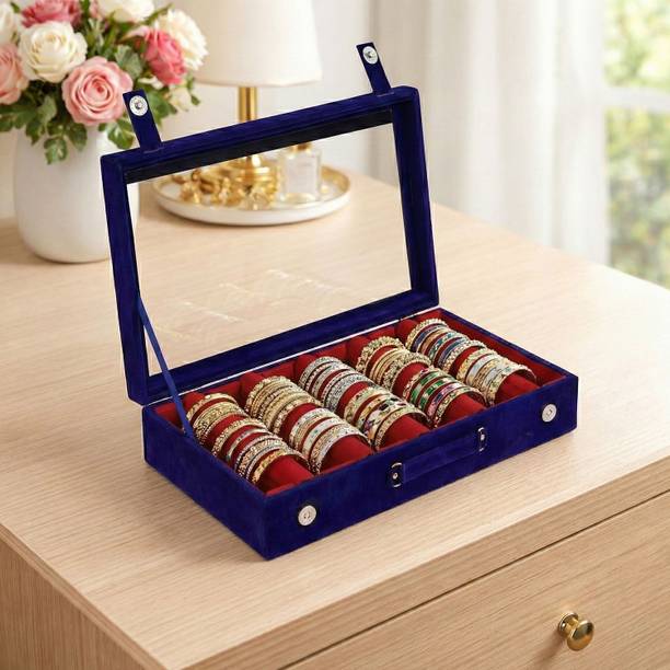 HOMESTIC Wooden 5 Rod Bangle Box|Velvet Coated Jewelry Box for Women & Girls|Blue Bangle Box Vanity Box