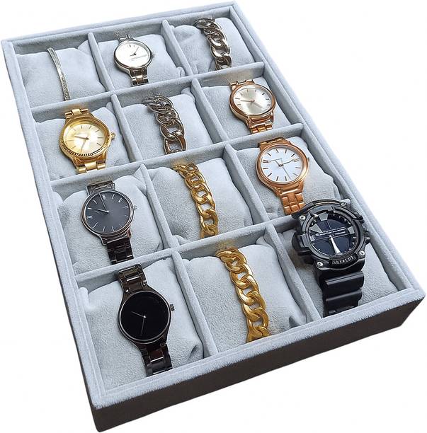 GS Collection 12 Slot Grey Velvet Watch & Bracelet Display Tray with Cushions WATCH TRAY Vanity Box