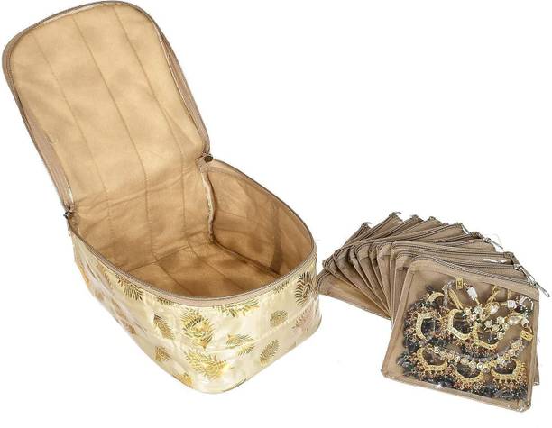 JoyeCrafts Printed Laminated PVC Jewellery Organiser With 10 Transparent Pouches Multi purpose Vanity Box