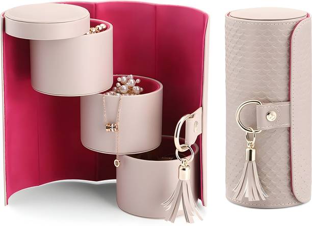 श्मिक Portable Round Vanity Box इयररिंग्स, ब्रेस्लेट्स, ईयर स्टड्स, रिंग के लिए, वॉच के लिए, ब्रूचिज, हेयर क्लिप्स, बैगंल्स वैनिटी बॉक्स