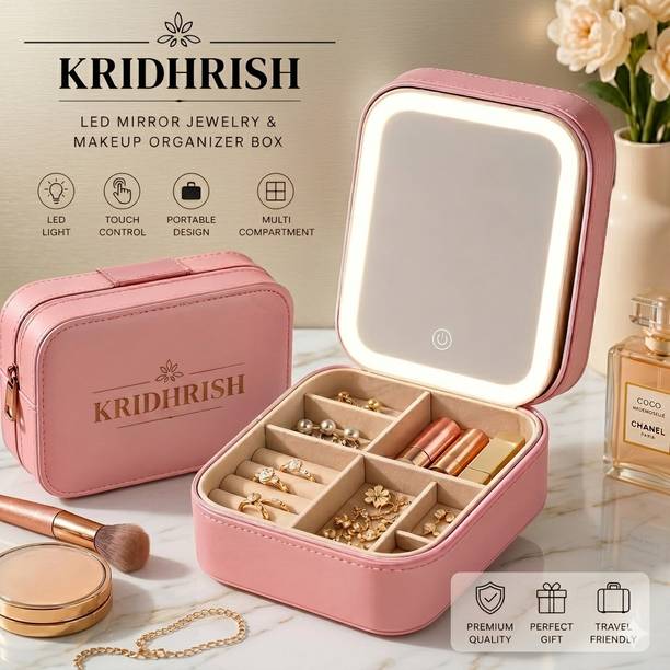 kridhrish Small Travel LED Makeup Mirror Case with 3 Adjustable Color Light Settings Portable LED Makeup Bag Vanity Box