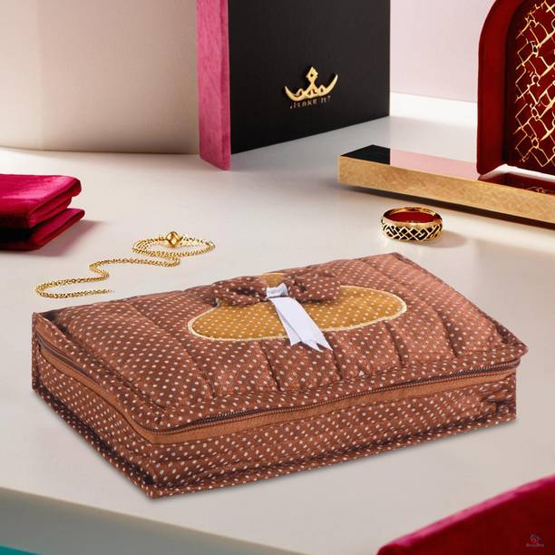 Heart Home Cotton Large Makeup Pouch Bag with 6 Compartments | Dot Bow Design - Brown Jewellery Kit Vanity Box