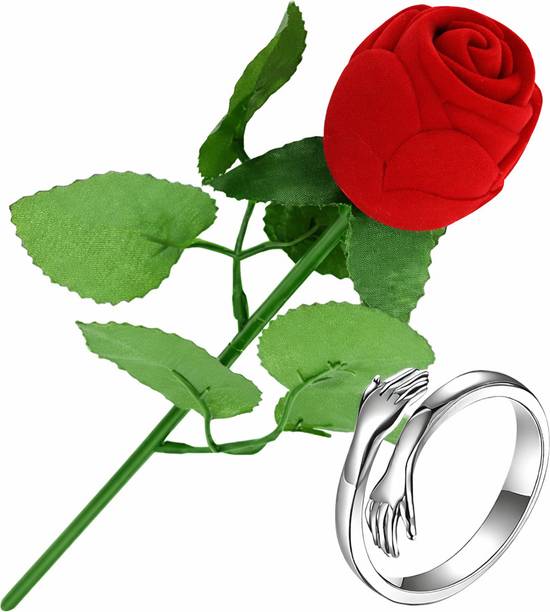 KHUSHA CREATIONS Red Rose Ring Box with Silver Hug Ring – Romantic Proposal Gift for Couples Anniversary, Valentine, Birthday Vanity Box
