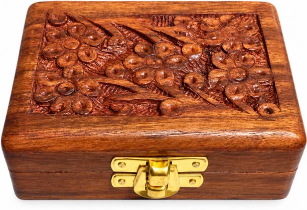 Khati-Ka Khati Ka Premium Floral Carved Wooden Jewellery Storage Box with Lock Jewellery Storage, Ring Storage, Earring Storage, Necklace Storage, Coin Storage Vanity Box