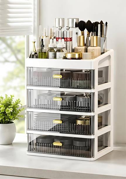 Falknaaz Organizer Plastic Storage Box with Sliding Drawer for Cosmetics and Jewellery 4 Compartment Vanity Box