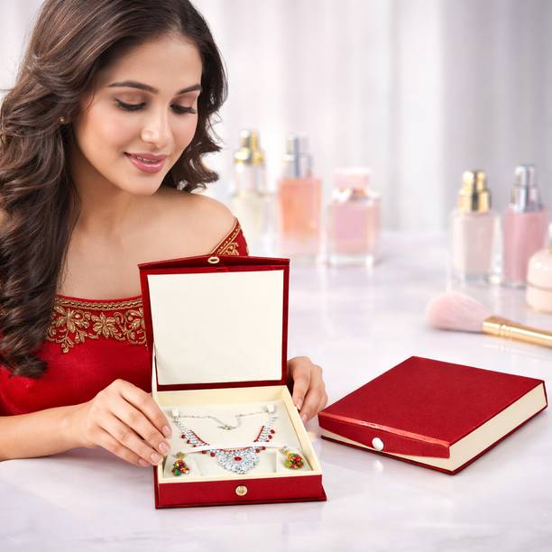 PFORK Jewellery Box Necklace Hook & Earring Holder | Elegant Gift Box for Necklace Set Earring Holder Slot, Elegant Red Finish, Multi-Purpose Storage Vanity Box