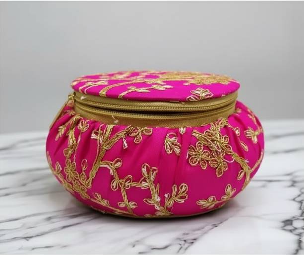 ARHAM CREATIONS Embroidery Matki Shape Bangle Box/Makeup/Jewellery/Vanity Box(Pink) Makeup And Jewellery Vanity Box