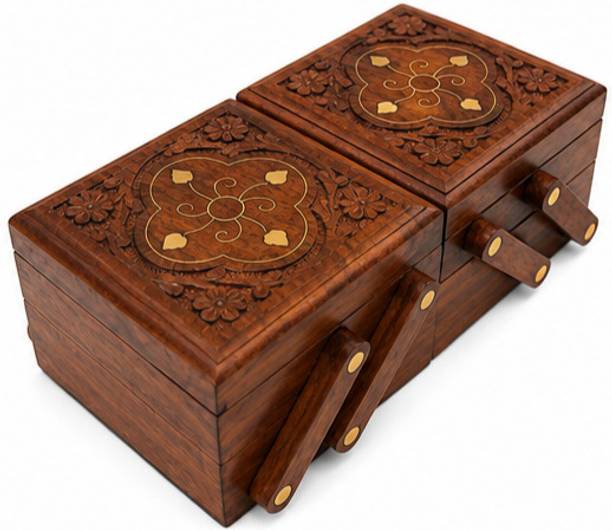 DuaNestHub Wooden Expandable Jewellery Box with Carved Floral Design Jewellery Storage, Multipurpose Storage, Organizer, Gift Box Vanity Box