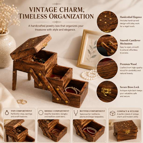 viDixn Wooden Jewellery Box with Brass-Tone Latch & Decorative Lid Organizes and stores jewelry safely Vanity Box