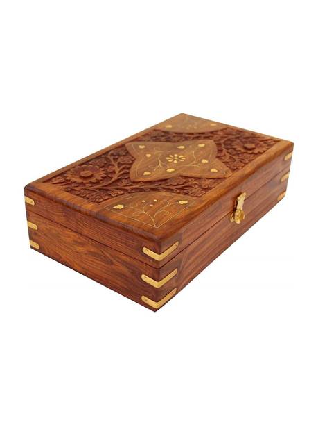 WOODINO Sheesham (Size-8x5 Inch) Carving Brass Design Jewellery Vanity Box