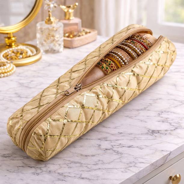 HOMESTIC Polyester Gota Check Design Single Rod Bangle Box For Travel|Cream Bangle Box Vanity Box